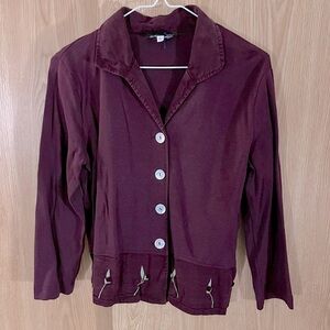 Linen Maroon Floral Embroidered Crop Pearl Button Down Blazer Jacket
